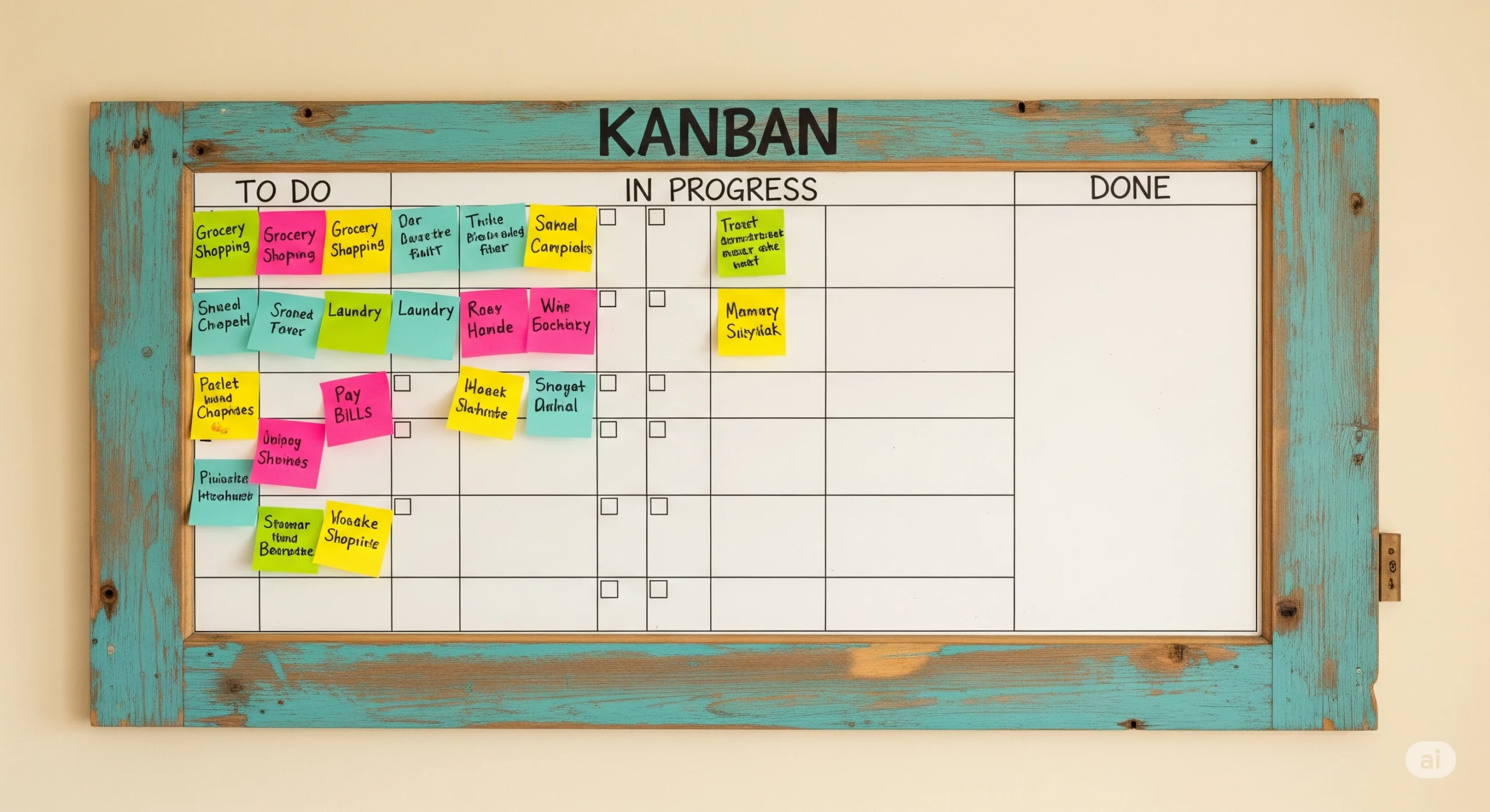 Quadro kanban com colunas e post-its coloridos