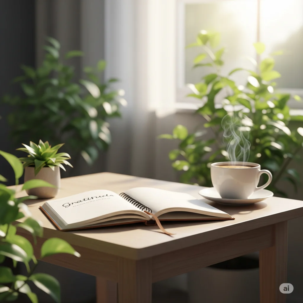 Cena realista de um ritual matinal com diário de gratidão, café e plantas em uma mesa iluminada pela manhã.