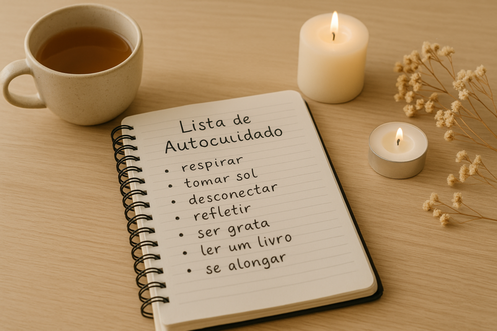 Caderno aberto com lista de autocuidado como estratégia para reduzir a ansiedade.