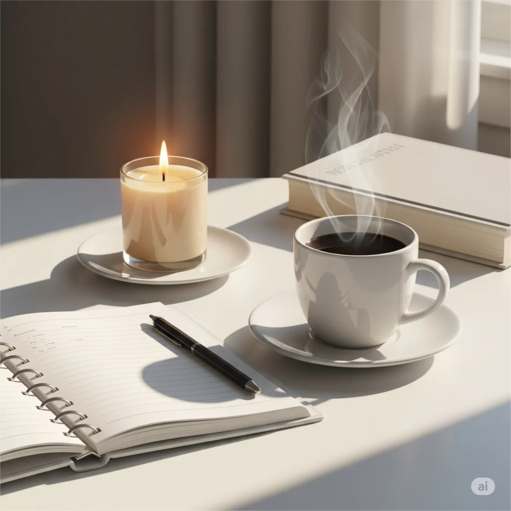 Mesa iluminada com planner, café, vela acesa e um livro, representando uma rotina matinal organizada.
