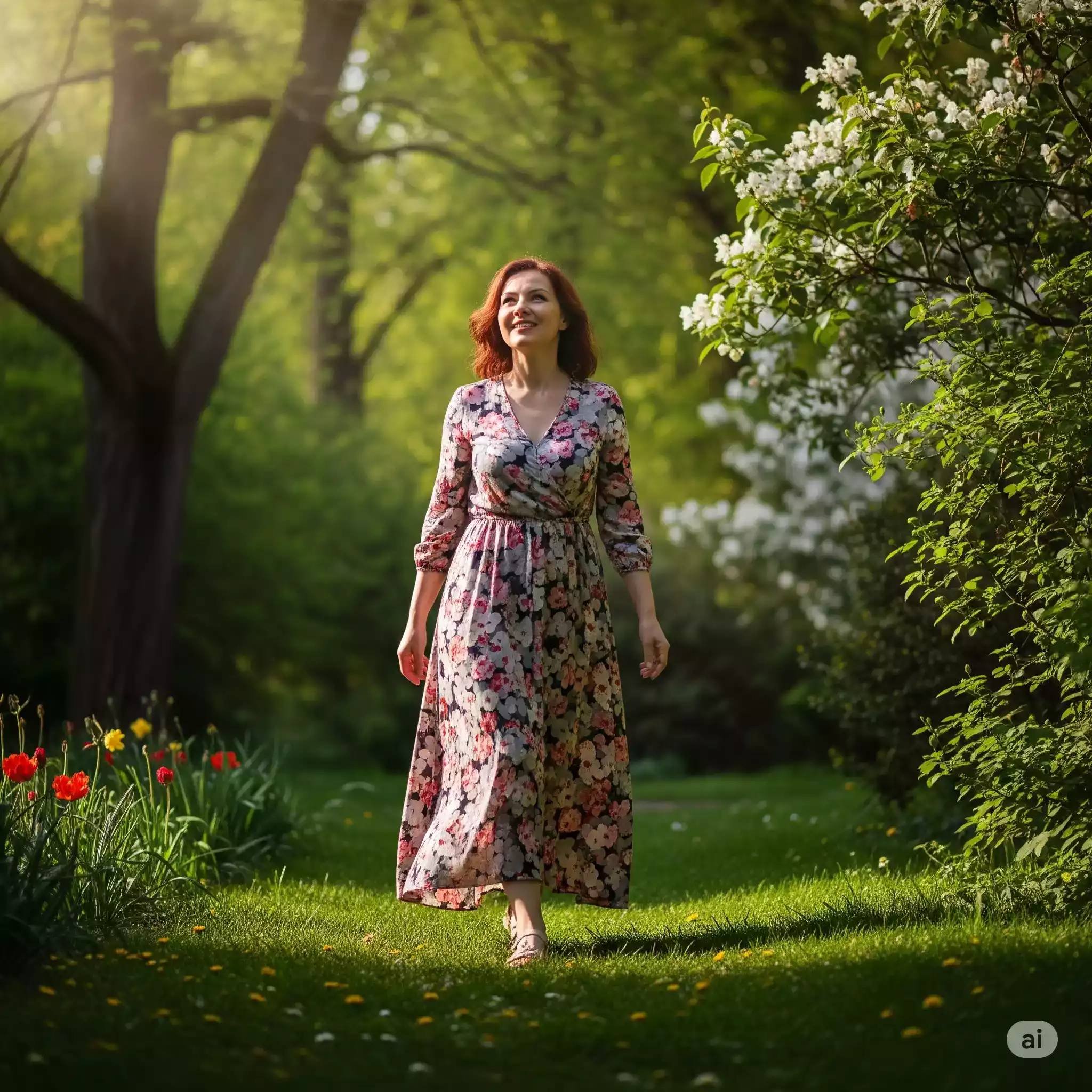 Mulher sorrindo caminhando ao ar livre vivendo uma vida intenciona