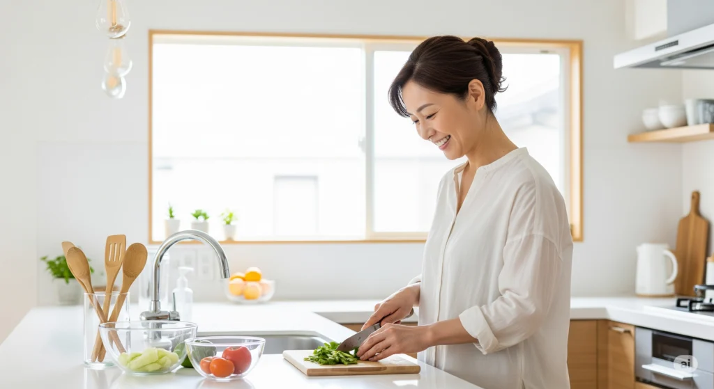 mulher aplicando vida simples e sustentável na cozinha