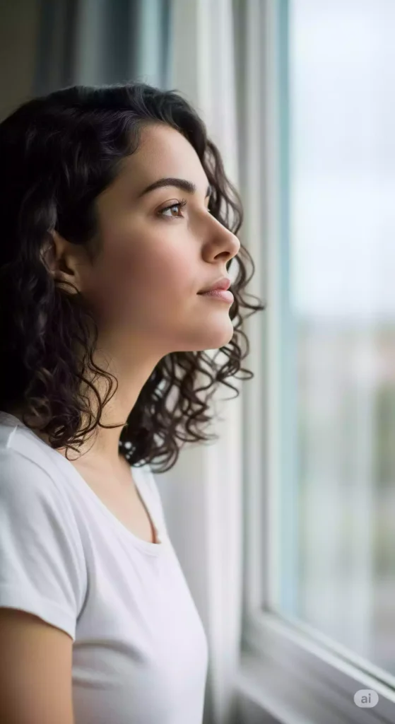 Mulher olhando pela janela refletindo sobre vida intencional
