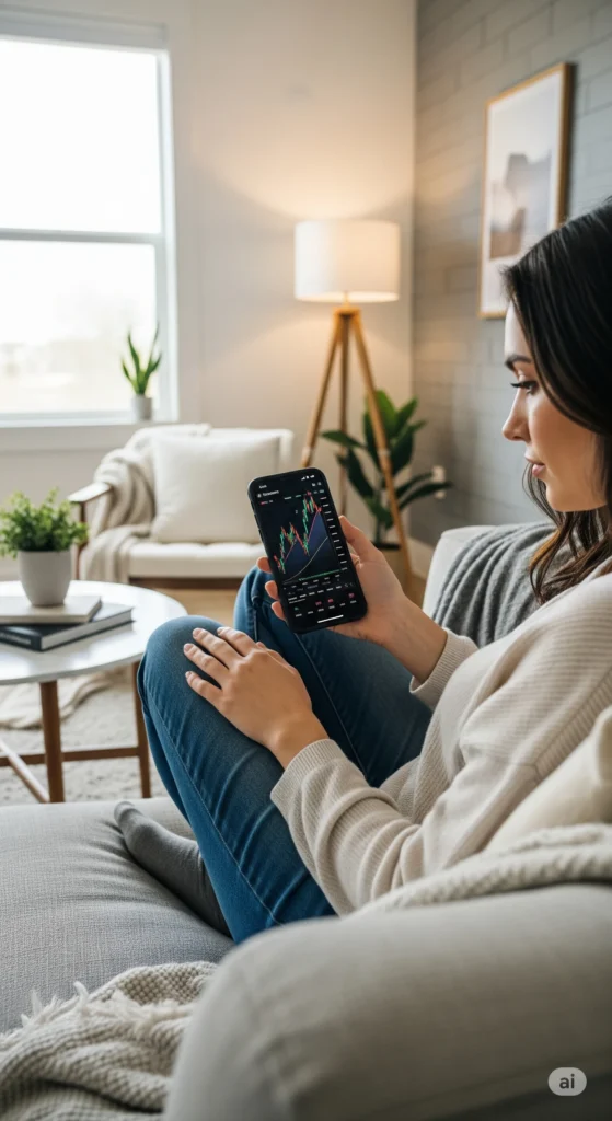 Mulher usando aplicativo no celular para organizar seu dinheiro
