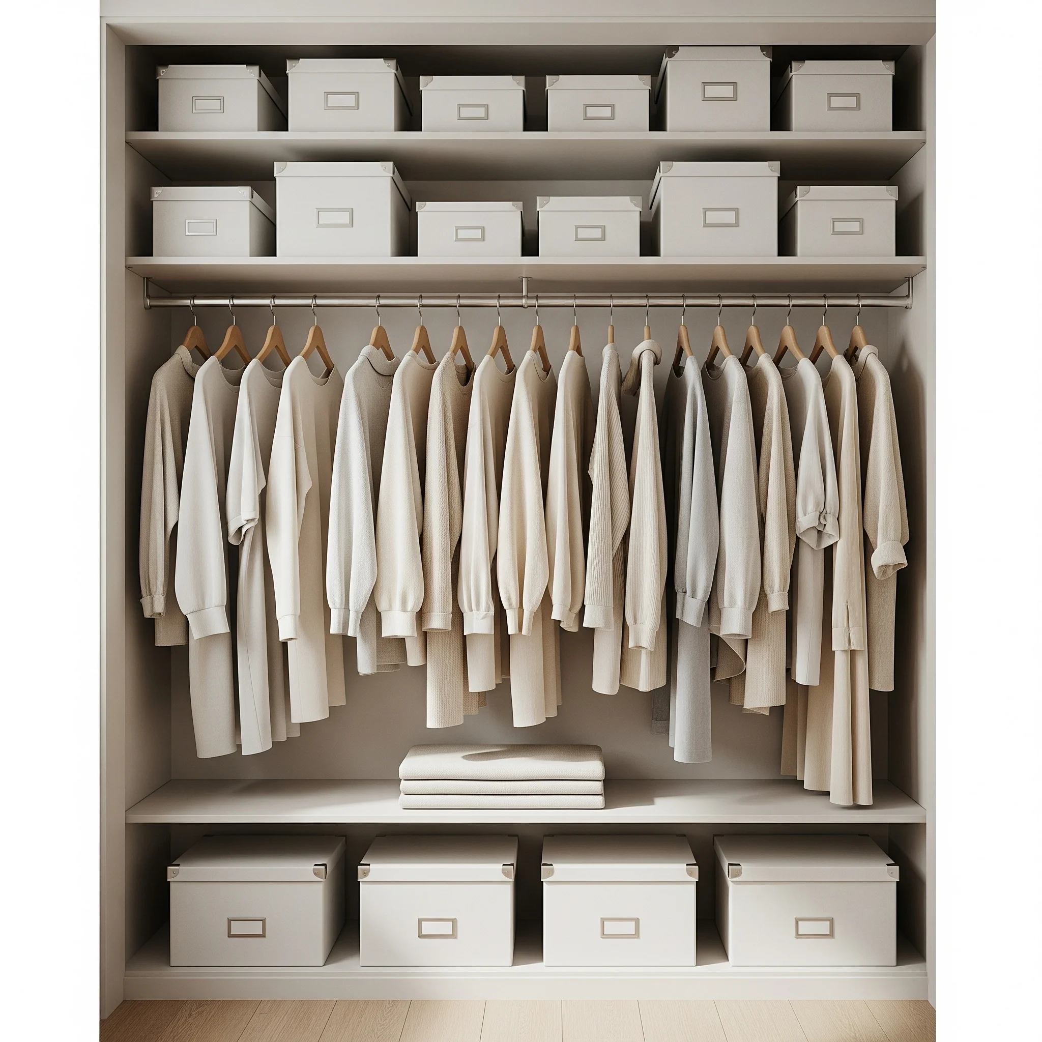 Armário cápsula organizado no estilo minimalismo com roupas neutras
