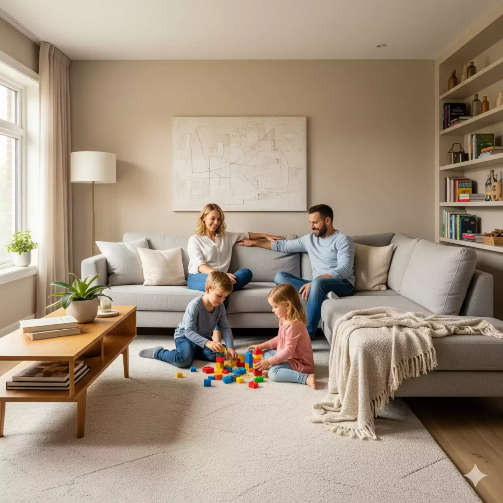 Família feliz vivendo em casas organizadas e limpas