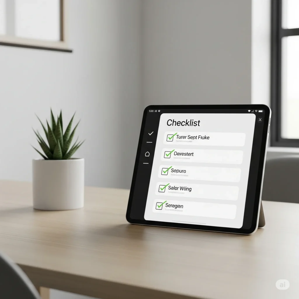 Checklist de organização digital aberto em um tablet