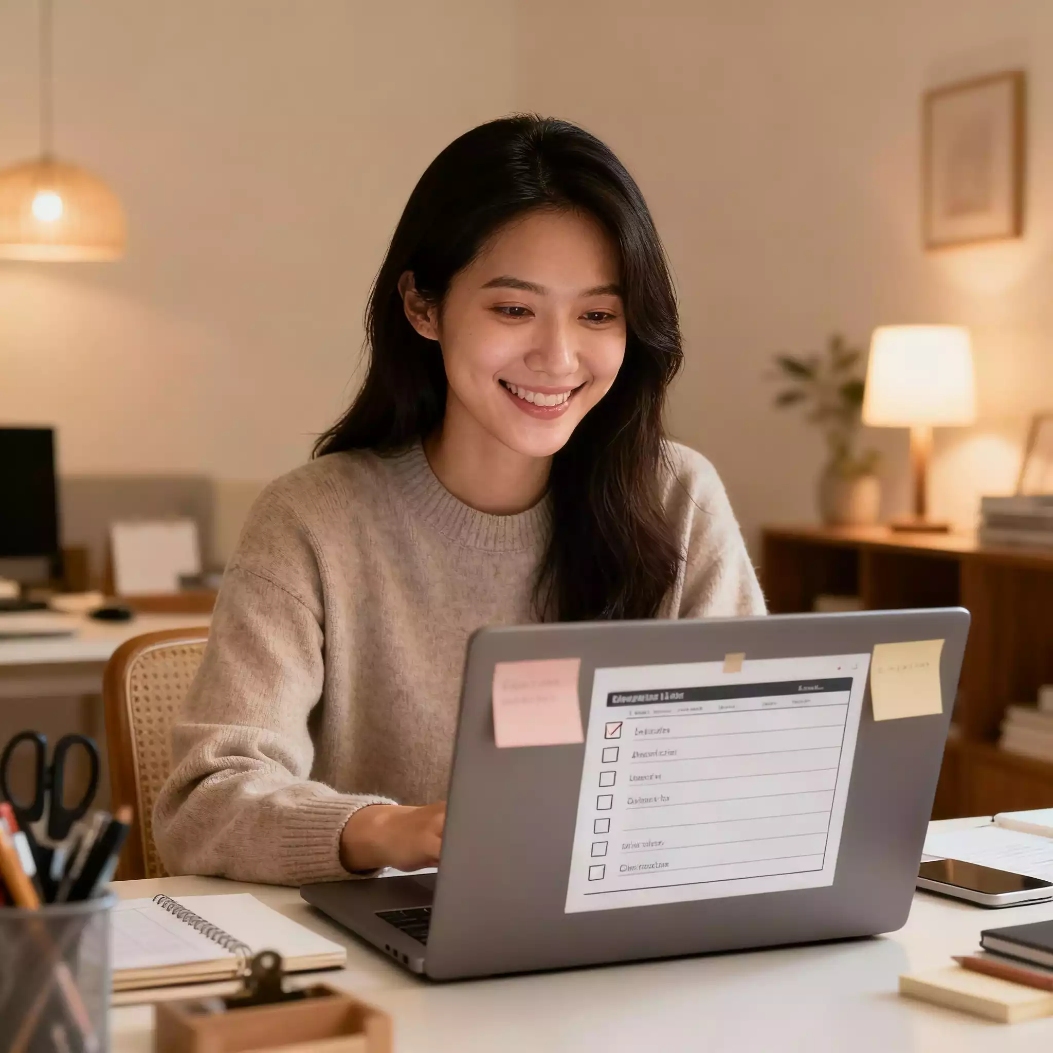 Mulher organizando checklist de organização digital em laptop - 7 passos para paz mental