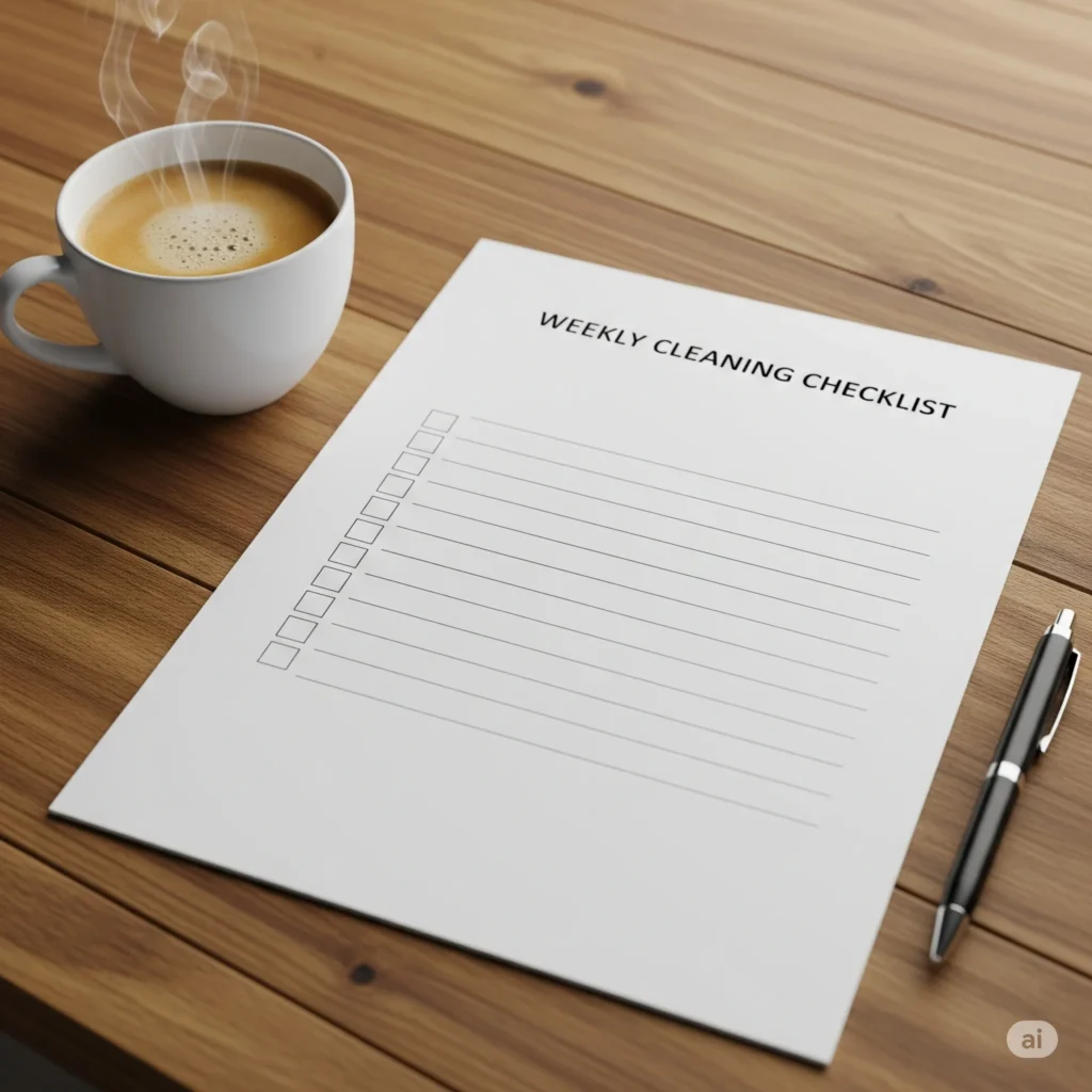 Checklist impresso de rotina de limpeza semanal sobre uma mesa