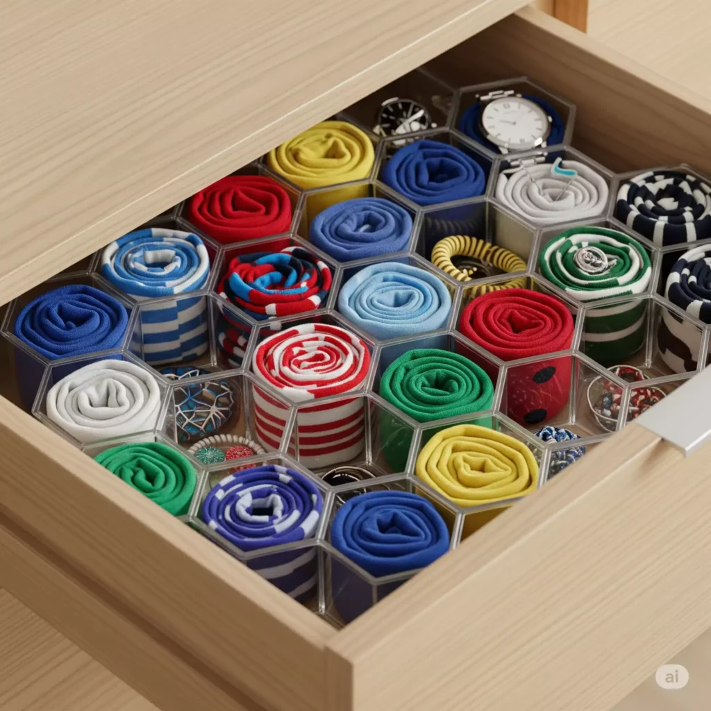 Colmeia de gaveta com meias e acessórios organizados