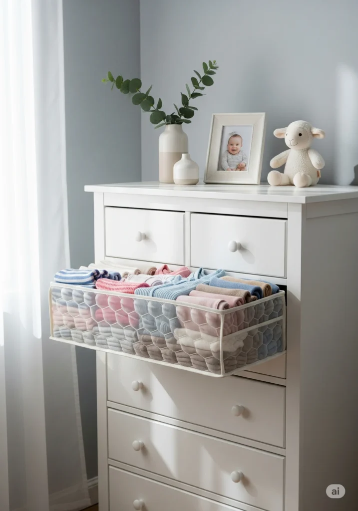Colmeia de gaveta usada para organizar roupas de bebê