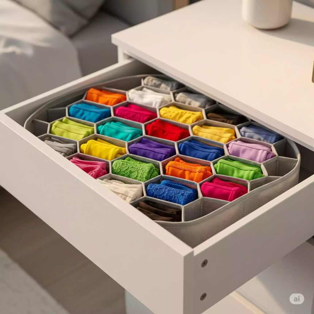 Colmeia de gaveta com roupas íntimas organizadas