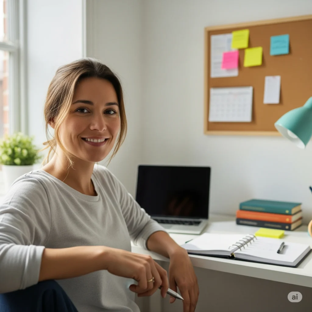 Mulher sorridente relaxada após aprender a como definir suas prioridades e organizar sua vida.