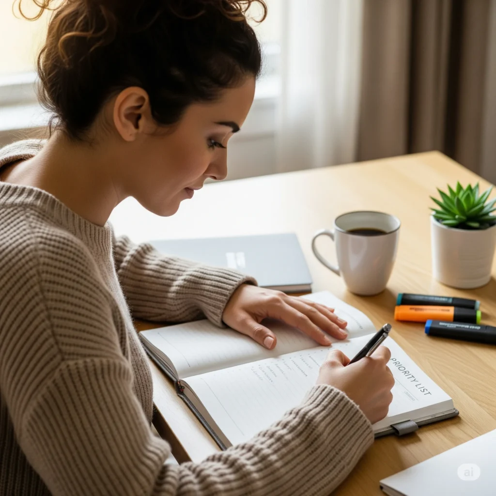 Mulher escrevendo lista para aprender como definir prioridades no dia a dia.