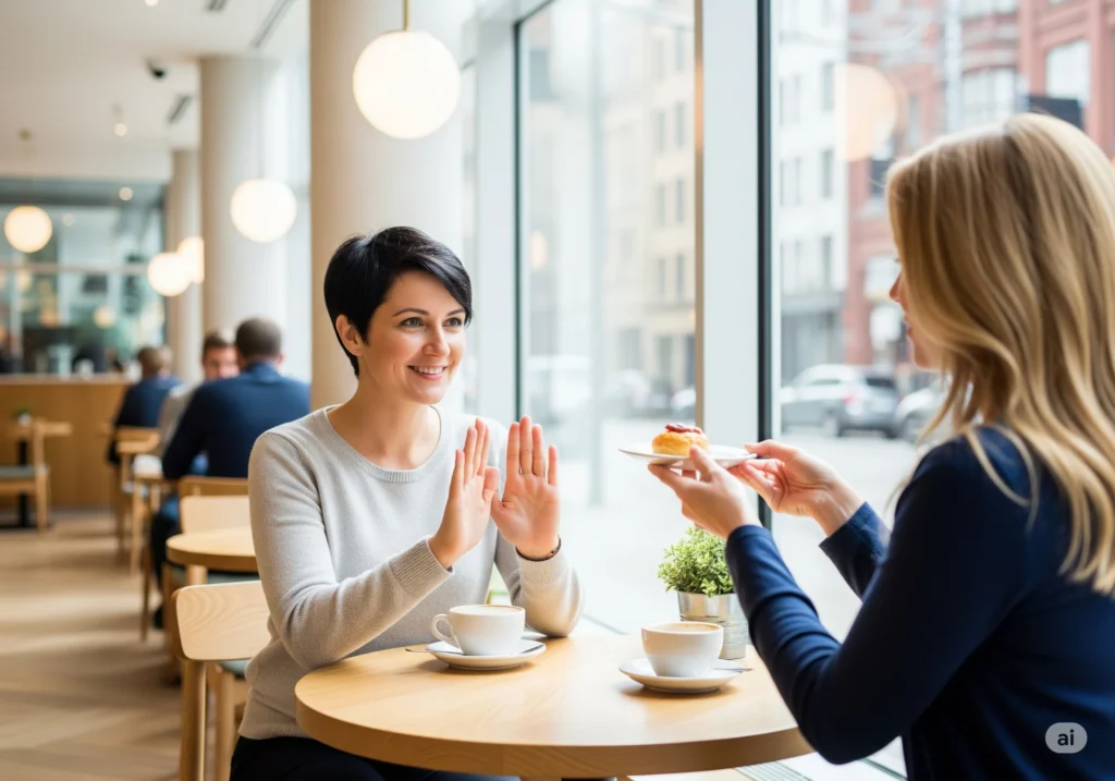 Duas mulheres conversando em um café, onde uma pratica como dizer não sem culpa ao recusar um convite de forma educada.