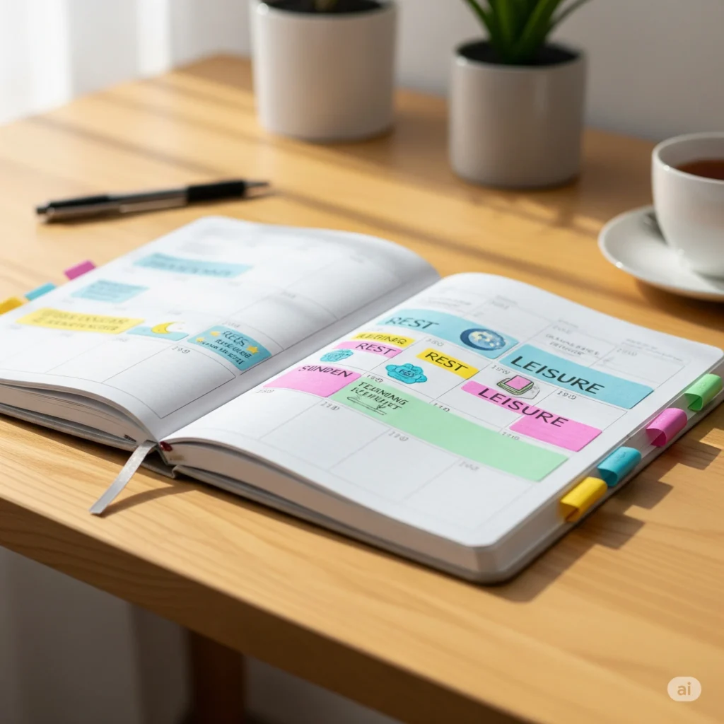 Planner aberto mostrando na prática como dizer não sem culpa, com horários reservados para atividades pessoais e autocuidado.