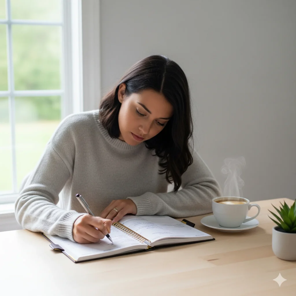 Mulher focada escrevendo em planner para mostrar como evitar a procrastinação.