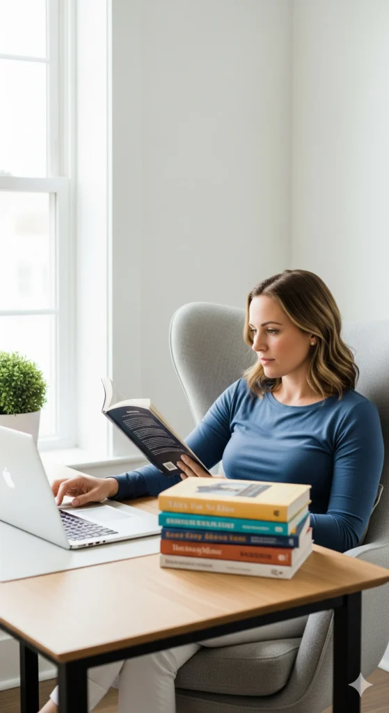 Mulher estudando em casa e aplicando como evitar a procrastinação.