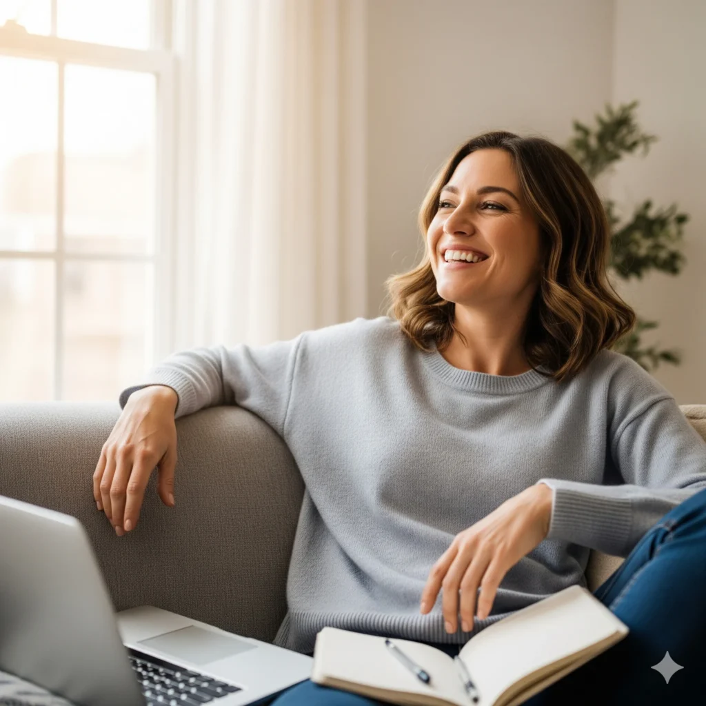 Mulher sorridente mostrando satisfação por saber como evitar a procrastinação.