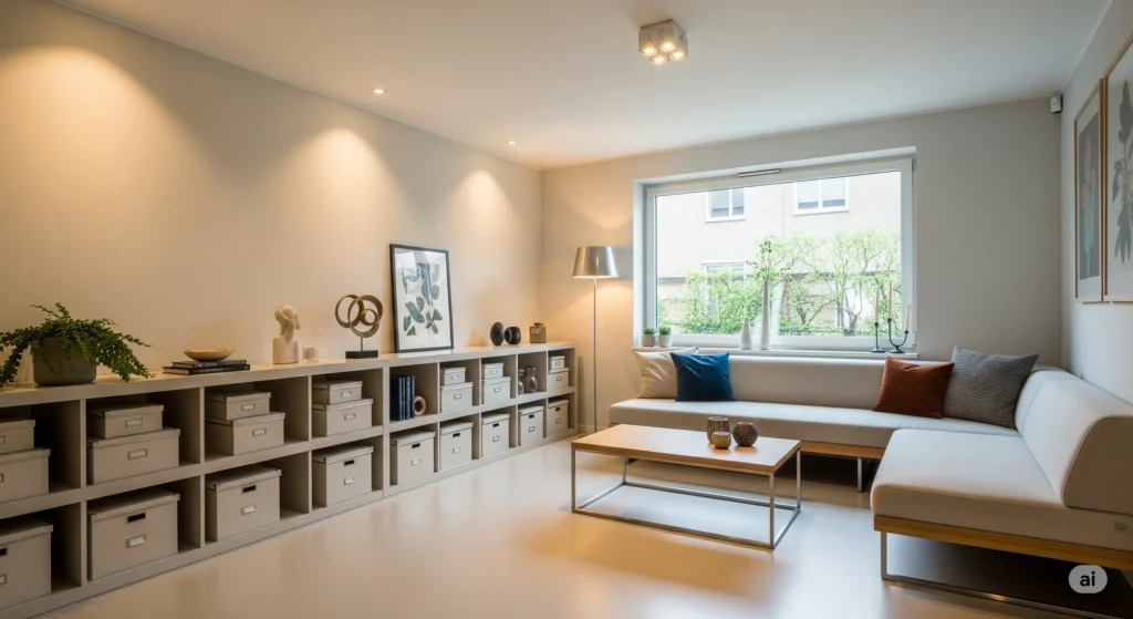 Sala iluminada e minimalista mostrando como organizar a casa de forma prática.