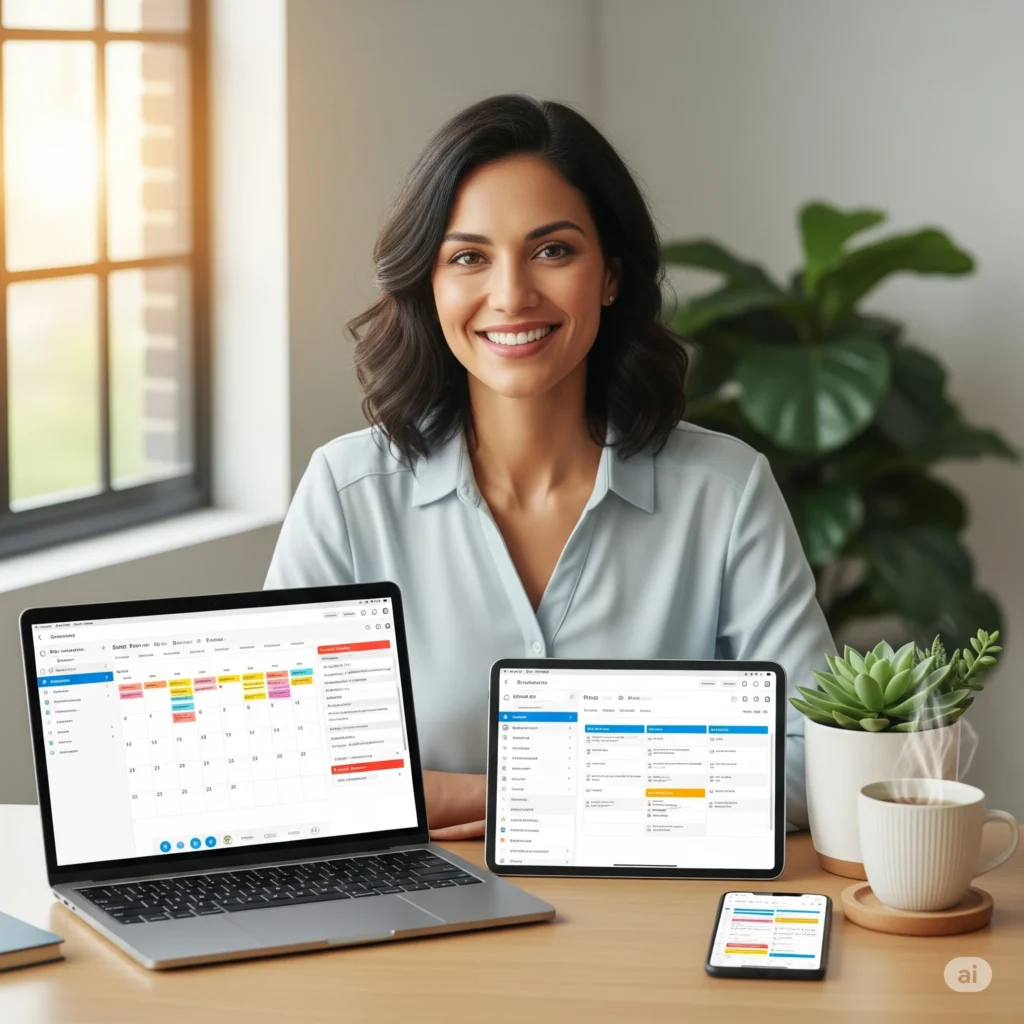 Mulher usando notebook em mesa minimalista, representando como ser organizado virtualmente.
