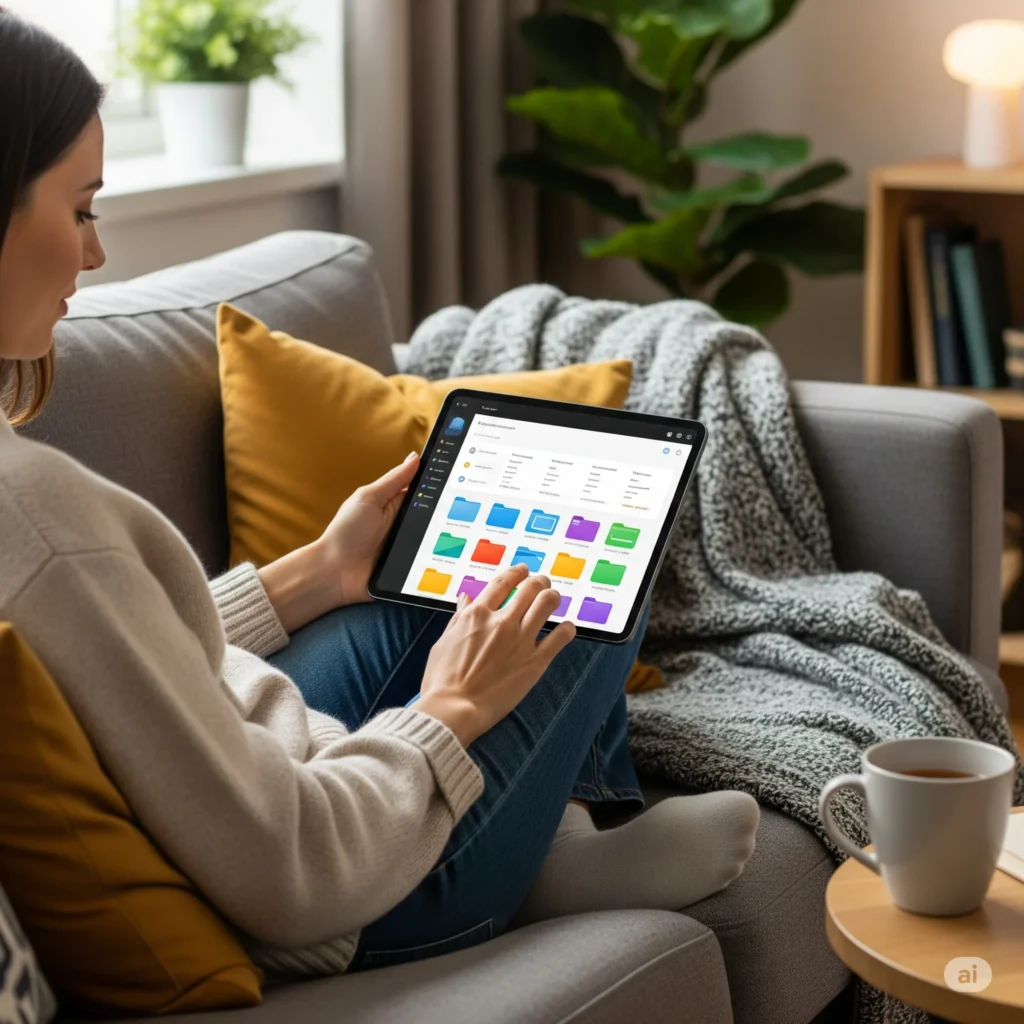 Mulher revisando arquivos digitais no tablet, exemplo de como ser organizado virtualmente.
