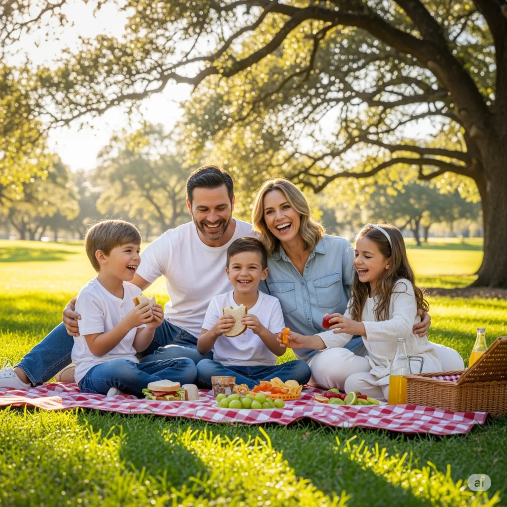 Família aproveitando um piquenique ao ar livre, exemplo de como viver bem gastando menos.