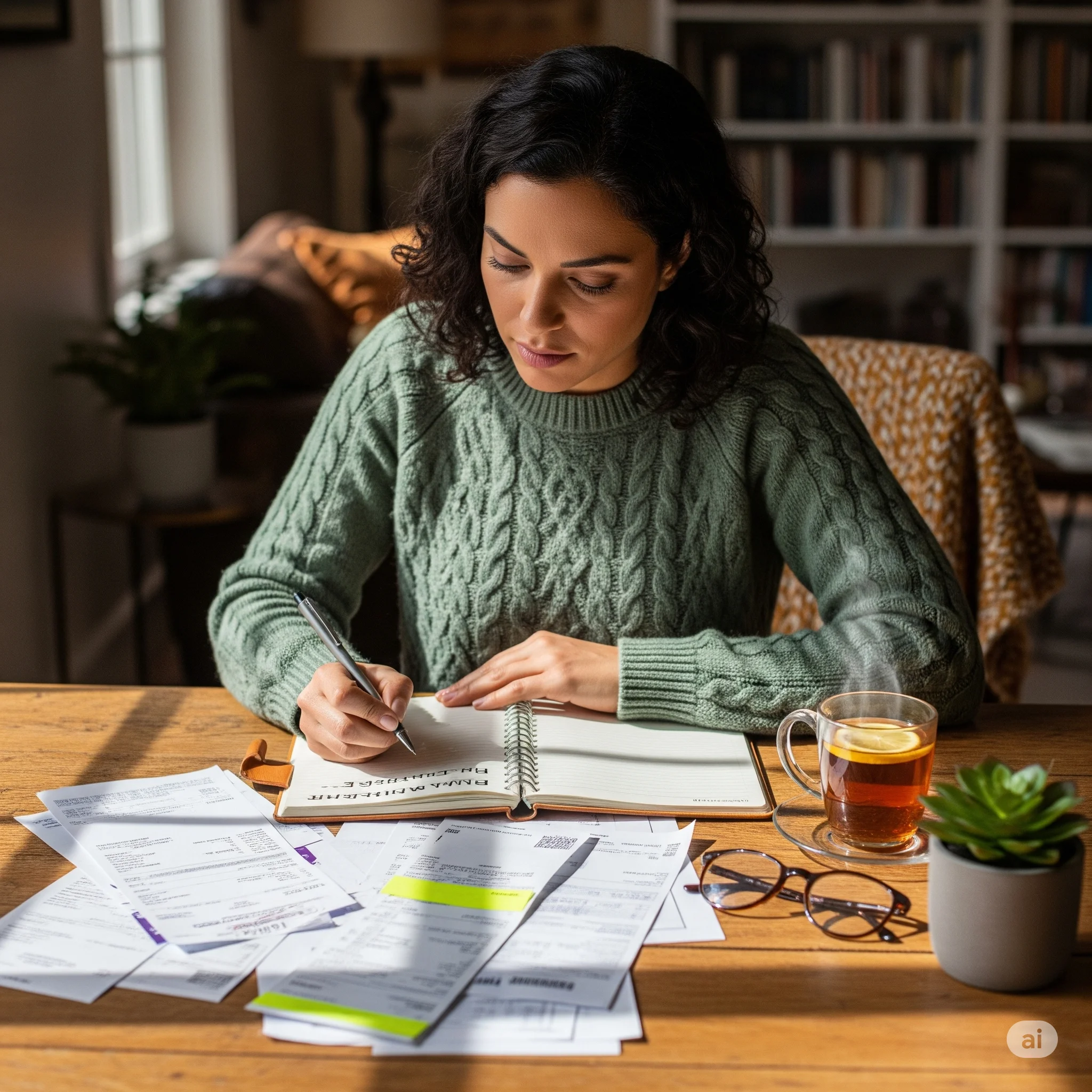 Mulher organizando as finanças em casa para aprender como viver bem gastando menos.