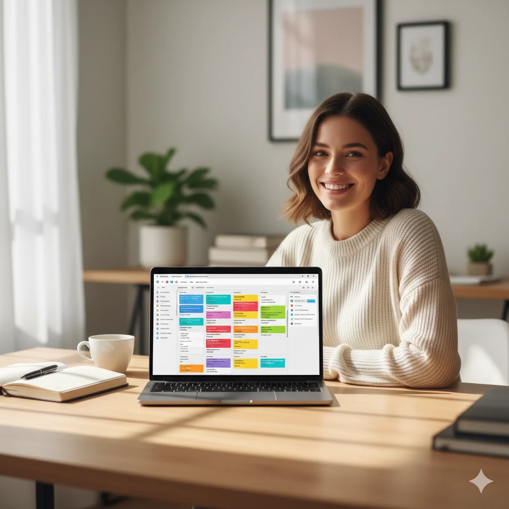 Mulher organizando o controle de contas no notebook e caderno