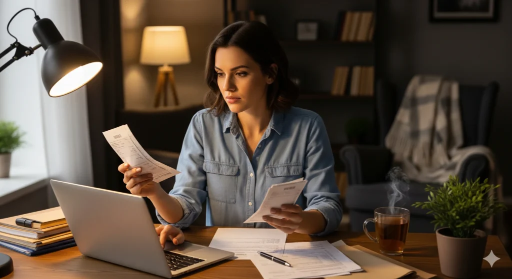 Mulher revisando o controle de contas em casa