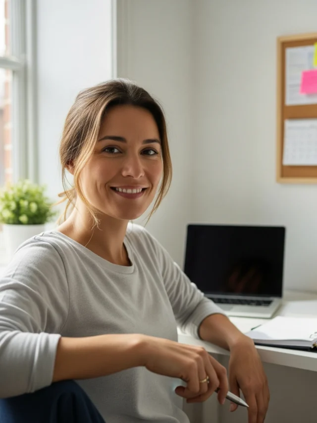 Mulher sorridente relaxada após aprender a como definir suas prioridades e organizar sua vida.