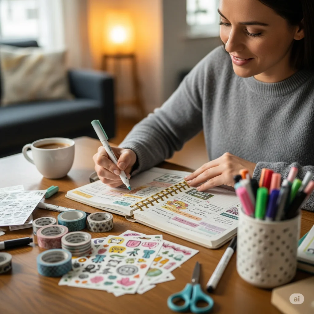 Mulher decorando um planner caseiro com adesivos e fitas