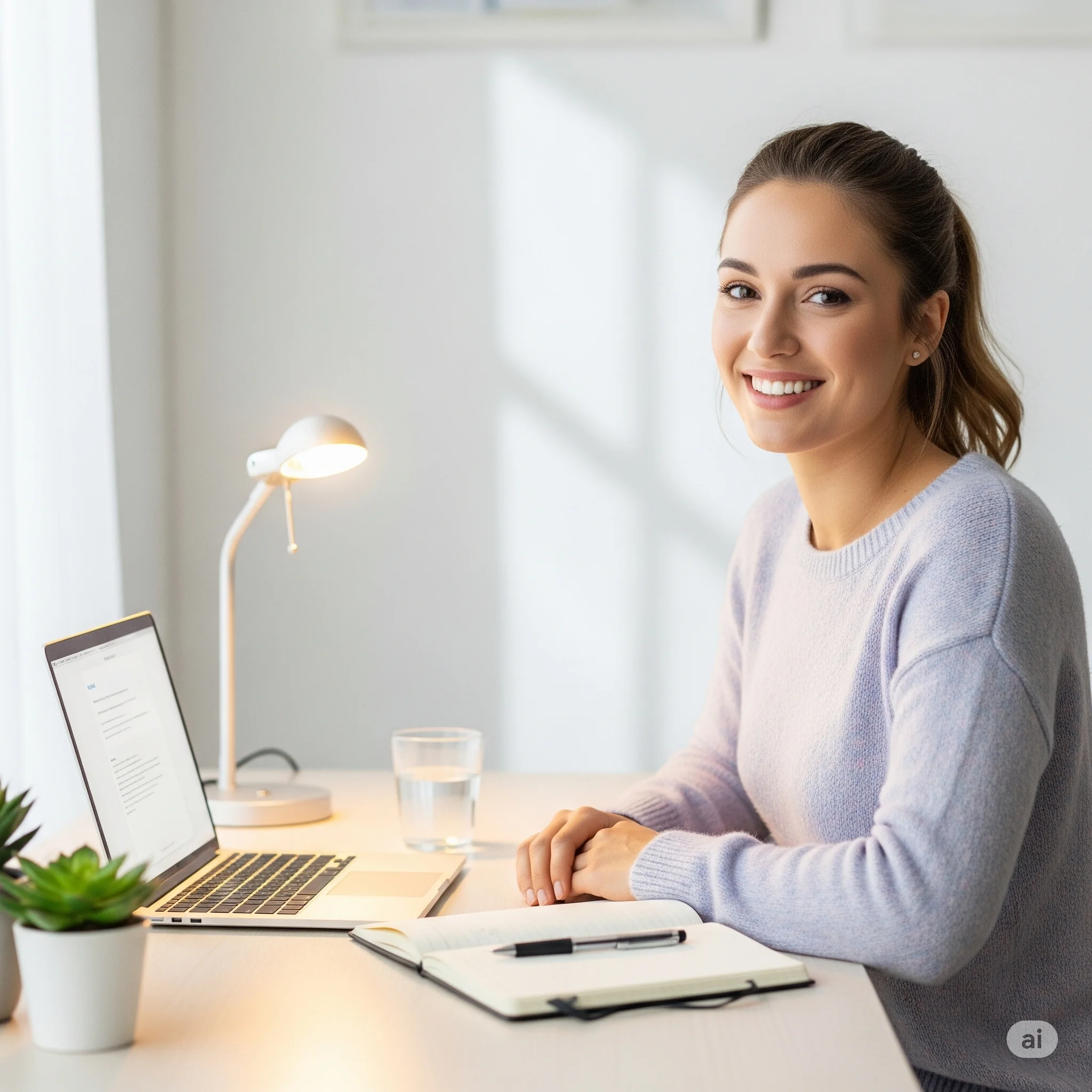 Mulher sorridente usando notebook para organizar seu dinheiro