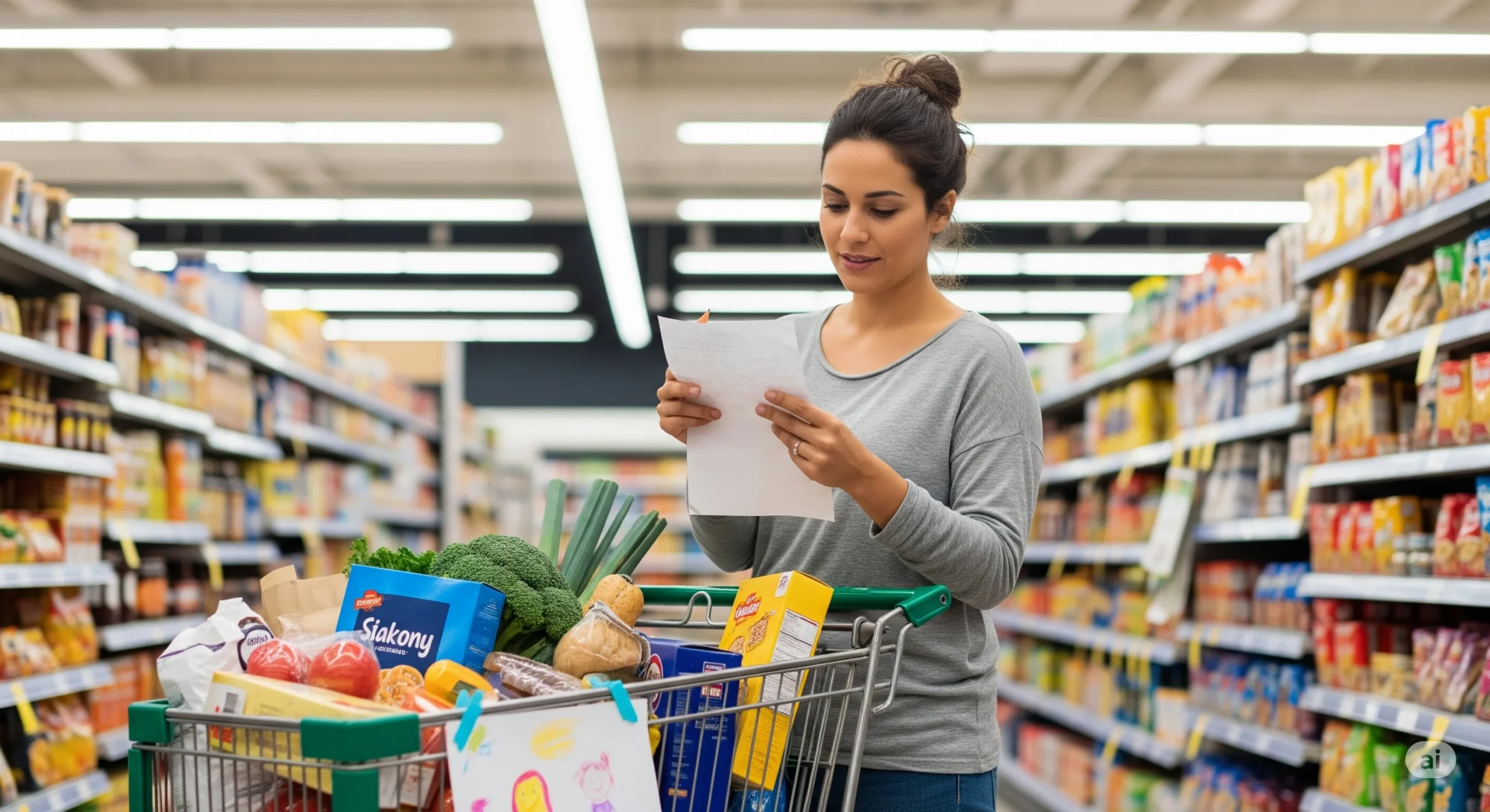 Dicas para economizar - Mulher com lista de compras evitando gastos extras no mercado.