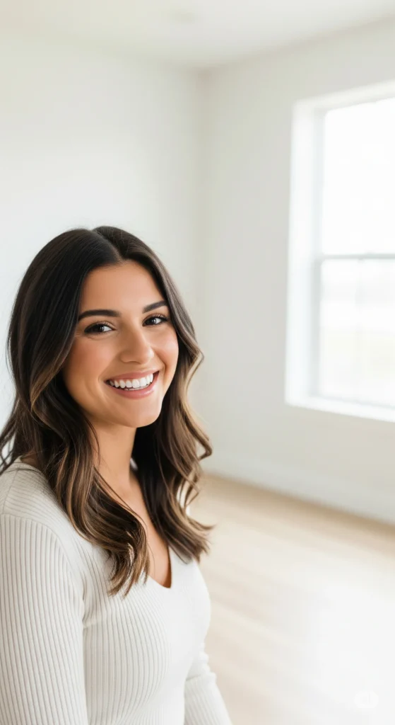 dicas para economizar - Mulher sorridente em casa minimalista.