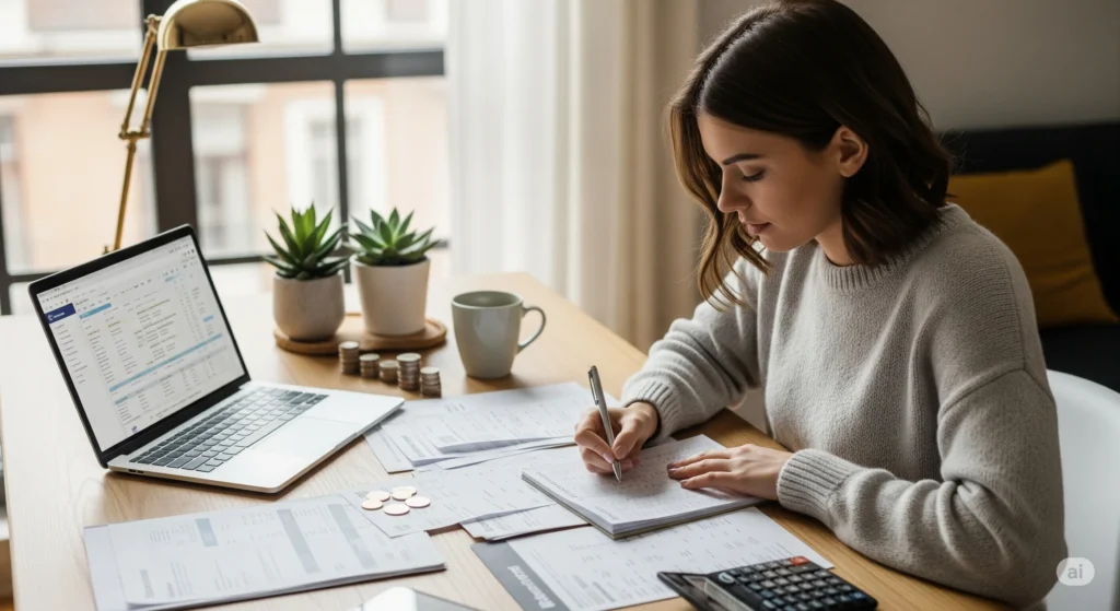 Dicas para economizar - Mulher anotando despesas e organizando finanças pessoais.