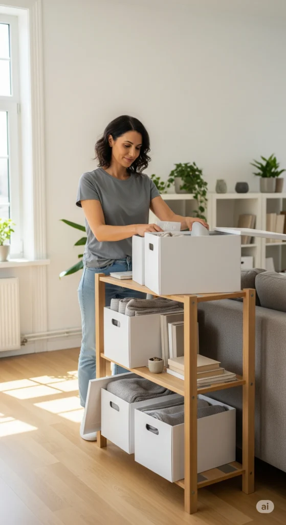 Mulher organizando caixas e objetos para aplicar minimalismo e organização em casa.