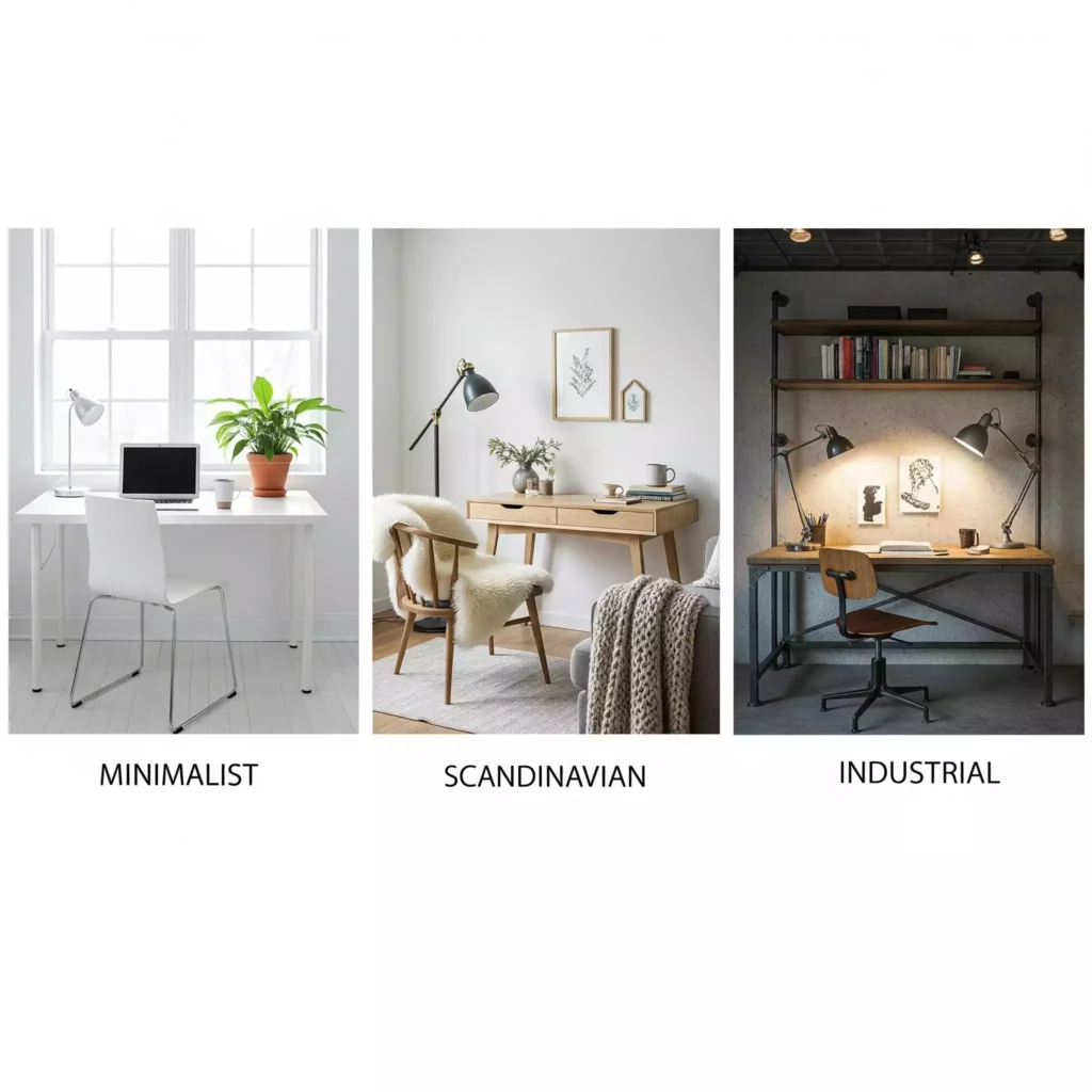 Colagem de diferentes estilos de escritório na sala: minimalista, escandinavo e industrial.