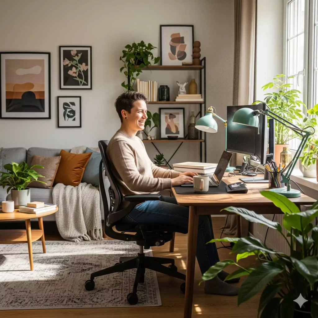 Pessoa feliz trabalhando em escritório na sala aconchegante e bem decorado.