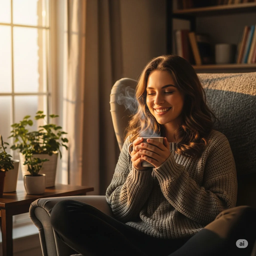 Mulher feliz e tranquila após organizar seu dinheiro