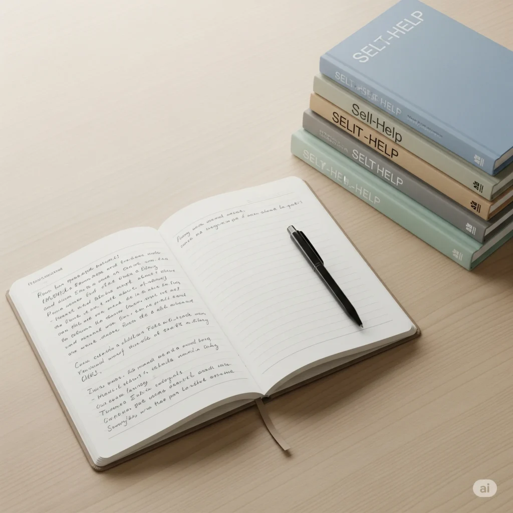 caderno com anotações e livros de autoajuda ao lado