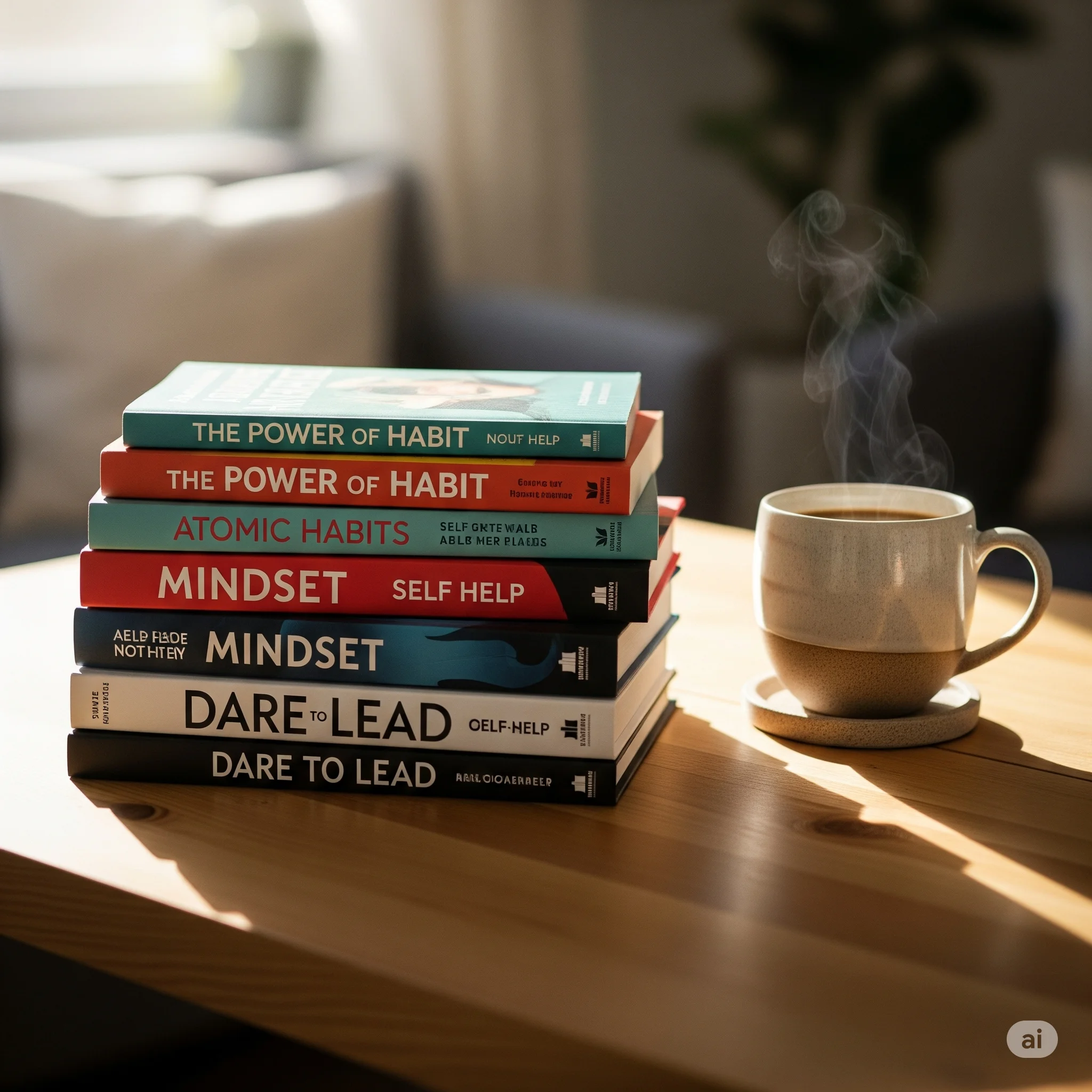 livros sobre autoajuda empilhados em uma mesa com caneca de café