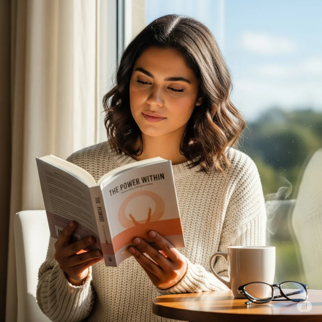 mulher lendo um livro sobre autoajuda perto da janela