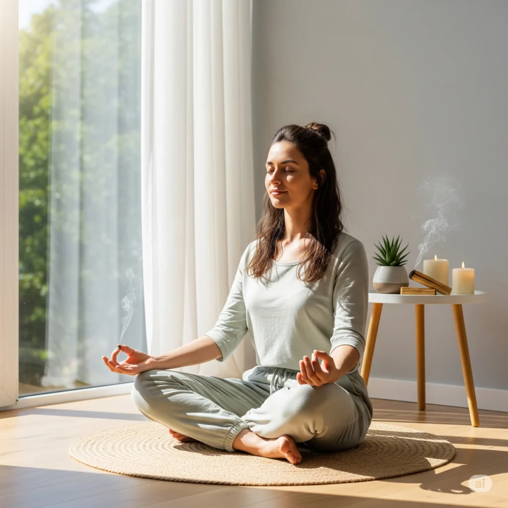 meditação para iniciantes - mulher meditando em casa