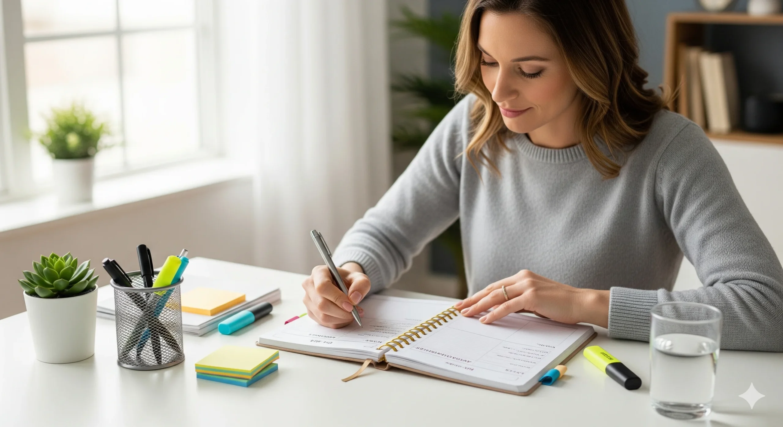 Mulher concentrada escrevendo em seu planner sobre uma mesa organizada, representando a melhor forma de planejamento.