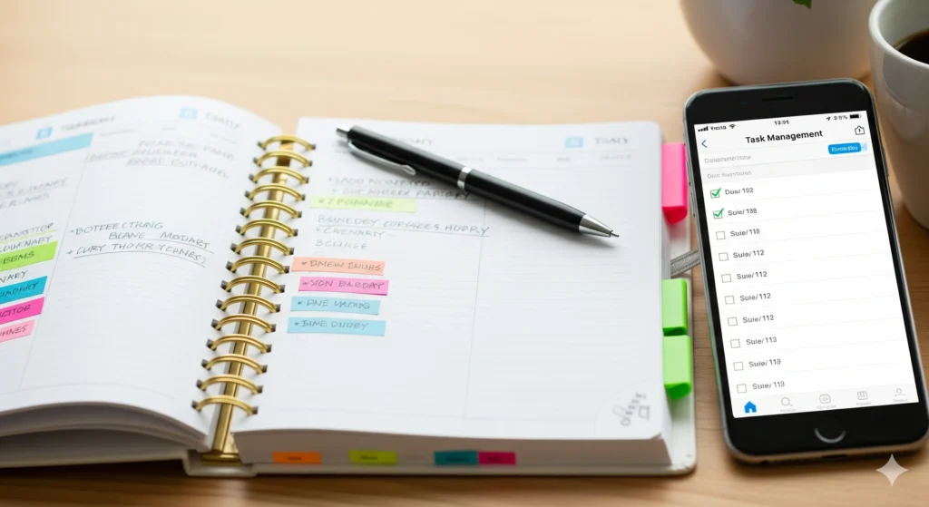 Comparação entre planner de papel e aplicativo digital representando a melhor forma de planejamento.