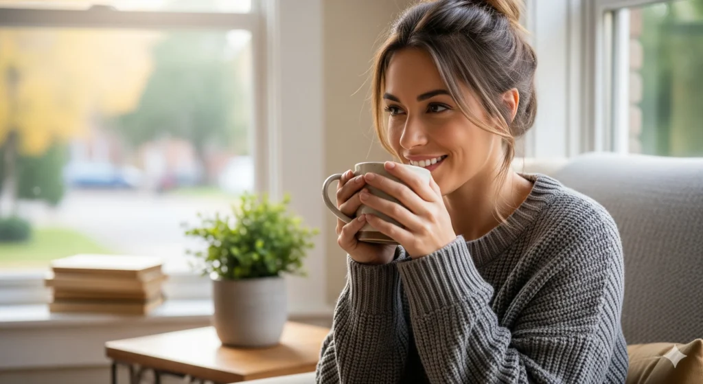 Mulher relaxada tomando café após aplicar a melhor forma de planejamento.