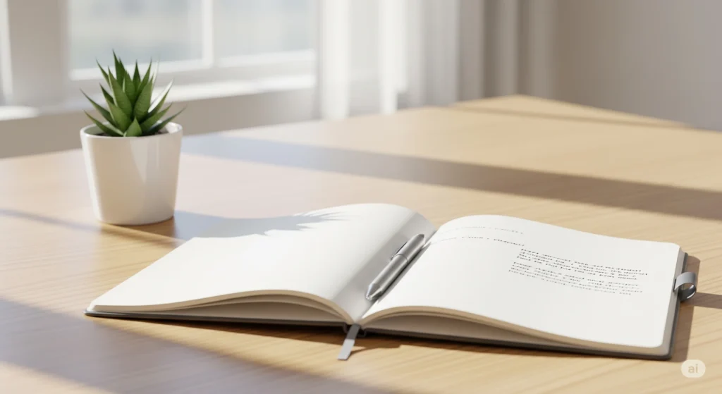 Mesa de trabalho organizada no estilo minimalismo com notebook e caderno