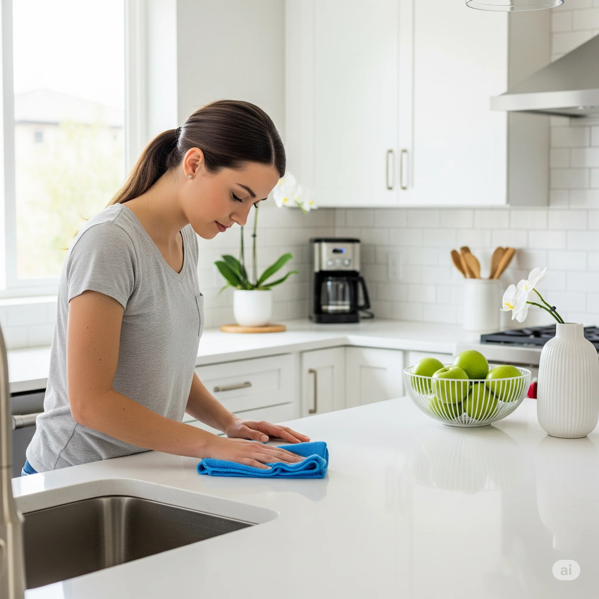 Mulher limpando a cozinha como parte da rotina de limpeza semanal