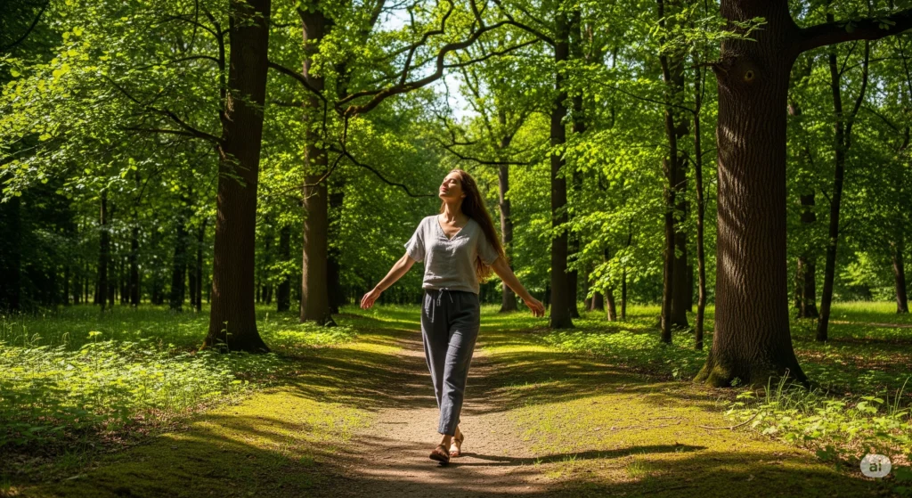 Mulher caminhando sozinha em um parque, transmitindo liberdade